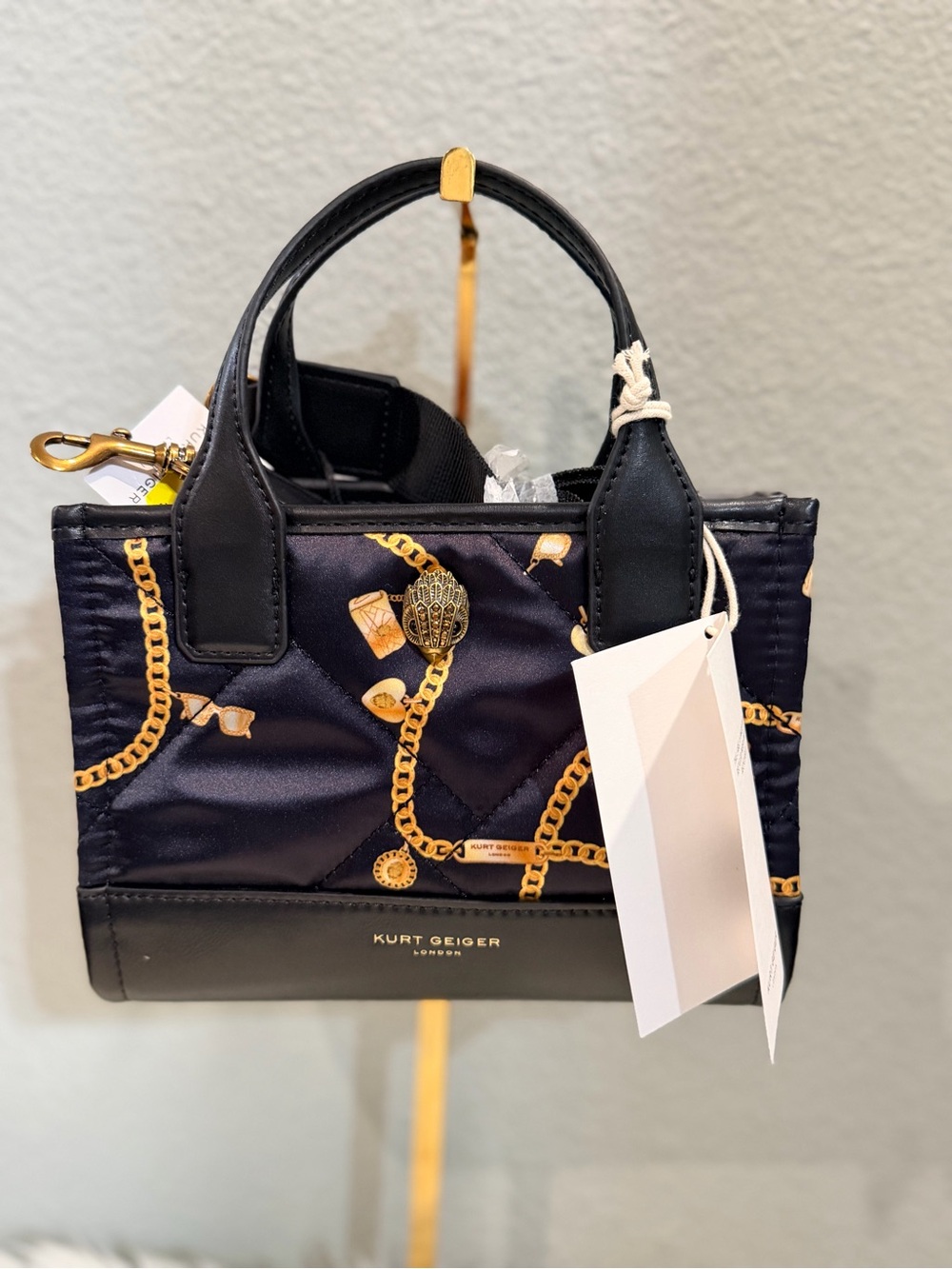 Kurt Geiger Square Shopper Quilted Chain-Print Mini Tote with Gold Hardware